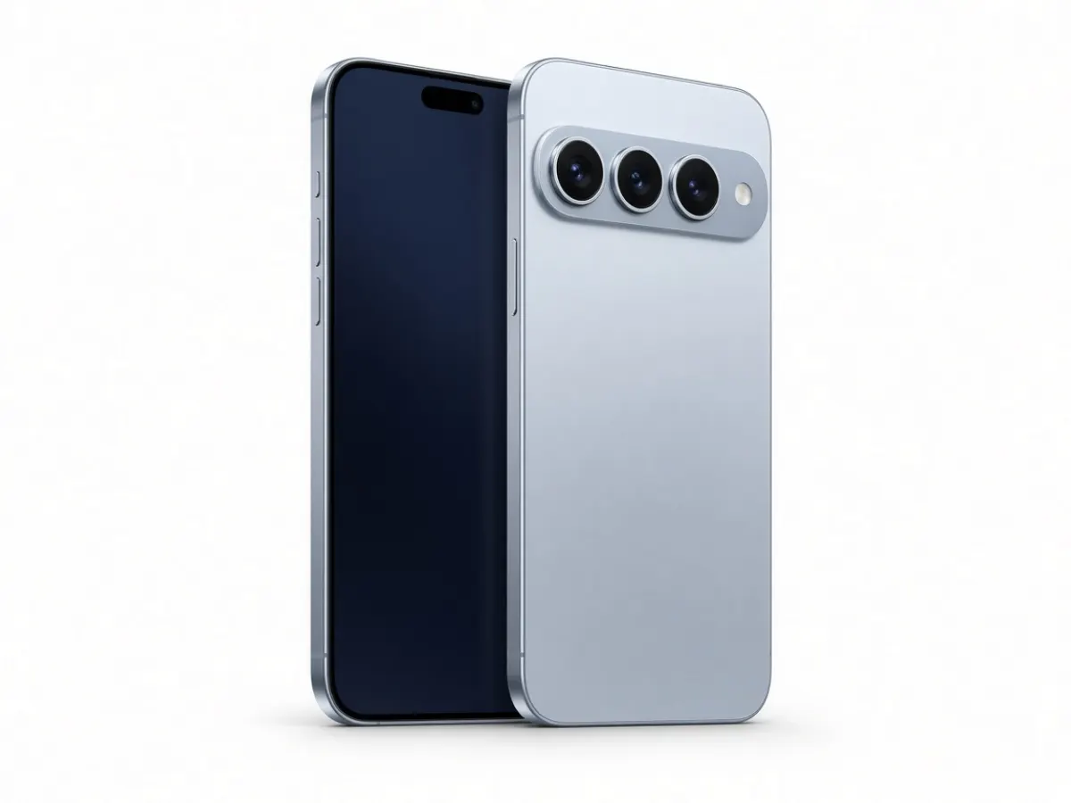 Glacier silver iPhone 18 Pro Max in a three-quarter studio view, showing the camera plateau and 6.9-inch display