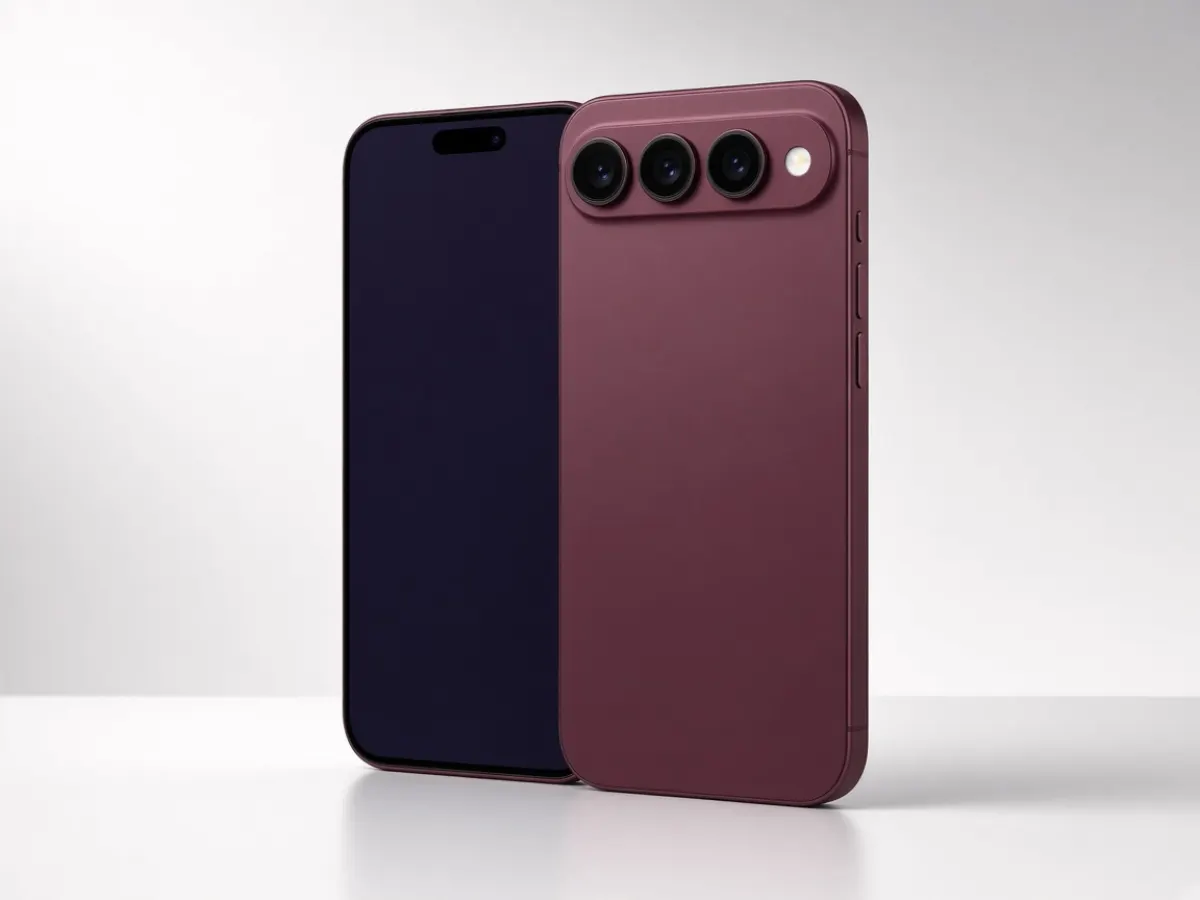 Burgundy iPhone 18 Pro shown at a three-quarter angle with the horizontal camera plateau and dark Super Retina XDR display