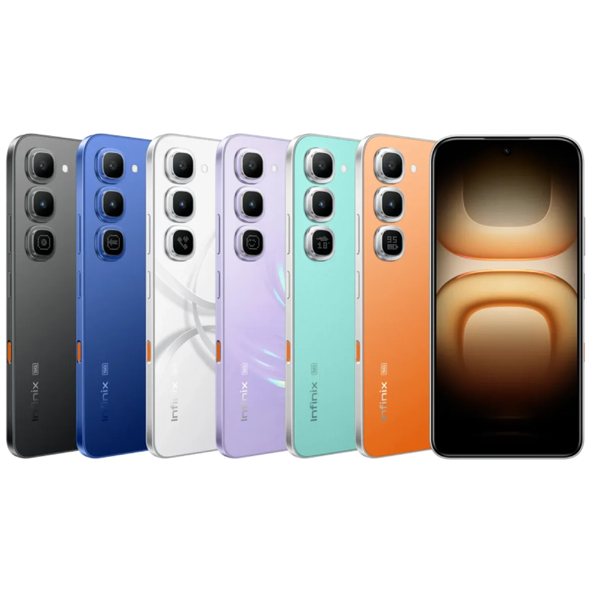 Infinix Hot 70 Pro 5G official product image showing all six colorways — Night Pulse, Dive Blue, Depth Ring White, Mirage Green, Silk Glow Purple and Thermo Orange — from the back, plus the front display