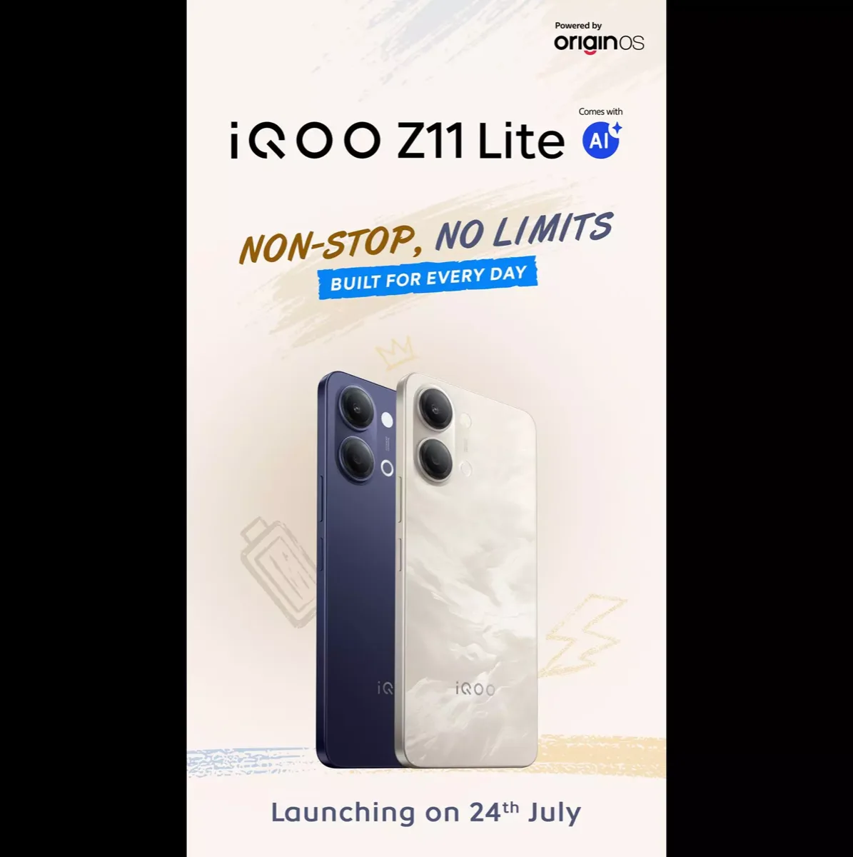 iQOO Z11 Lite 5G in Midnight Blue and Solar Flame, rear view showing the dual camera module and Dynamic Light ring