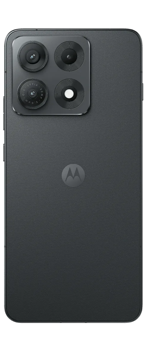 Official Motorola product image of the Edge 70 Max in Pantone Dark Shadow, showing the textured glass back, camera module and Motorola logo