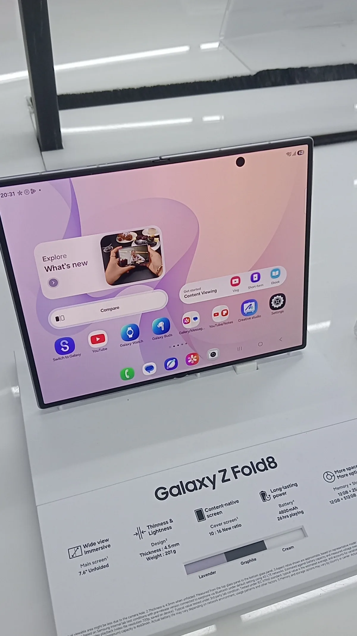 Samsung Galaxy Z Fold8 photographed unfolded, showing the 7.6-inch inner display