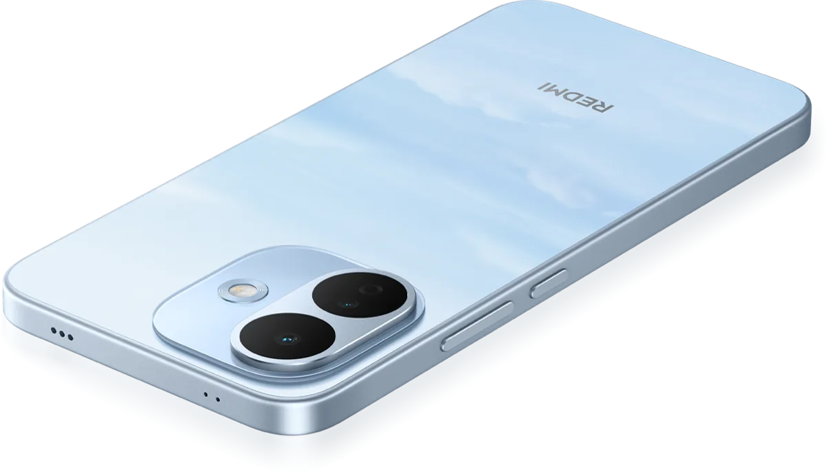 Xiaomi Redmi Note 17 Pro 5G (China) in Qingkong Blue, rear three-quarter view showing the dual camera module and REDMI logo