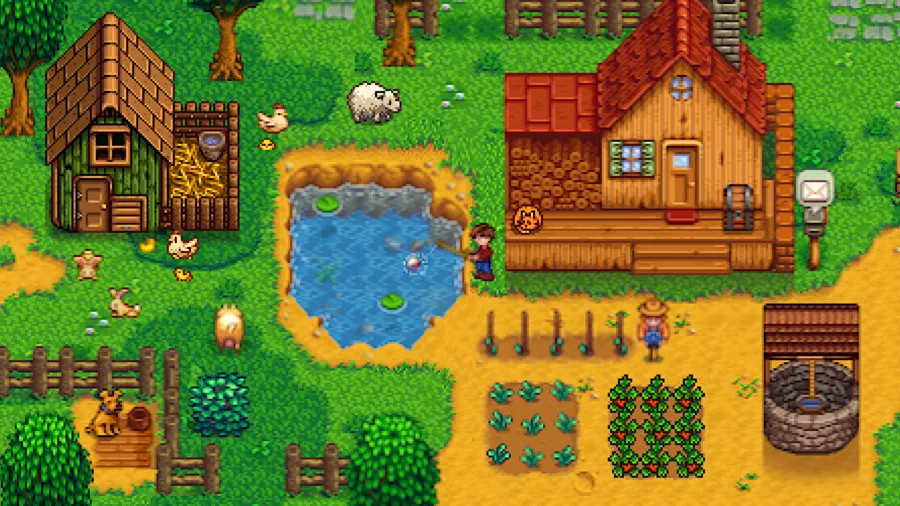 Stardew Valley farm with a pond, crops, a farmhouse and animals, the best cozy mobile game