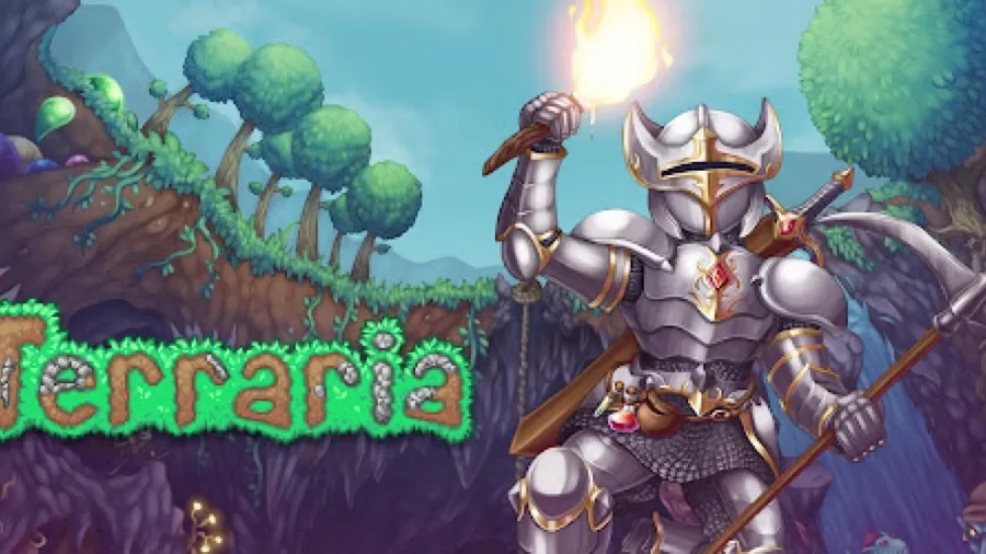 Terraria 2D world with a hero, trees and caves, a pay-once mobile game with no ads