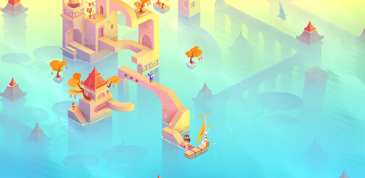 Monument Valley 3 pastel buildings and stairs over water, a calm puzzle game for phones